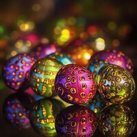 Colorful eggs on a black background with bokeh photo