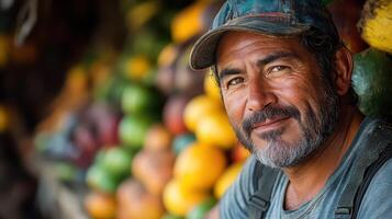 A man with a hat and a smile in front of a pile of fruit photo