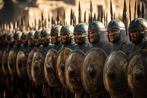 A group of men in armor standing in a line photo