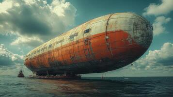 An old rusted boat floating in the ocean photo