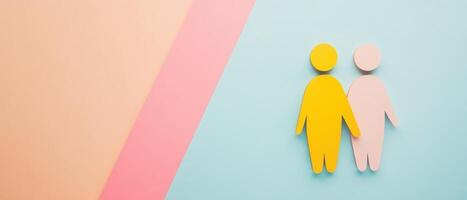 A colorful background with a paper cutout of a man and woman photo