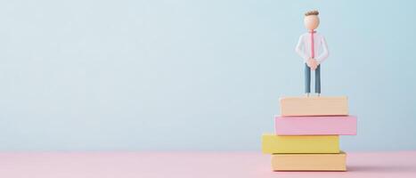 A man standing on top of a stack of colorful books photo