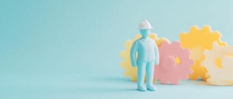 A small figurine of a man standing in front of a group of colorful gears photo