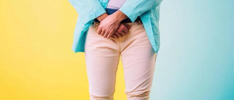 A man in a blue shirt and white pants standing on a yellow and blue background photo