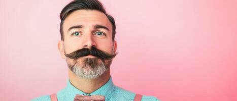 A man with a mustache and bow tie on a pink background photo