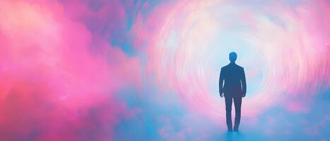 A man standing in front of a colorful vortex photo