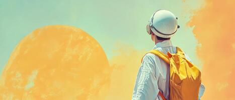 A man wearing a white helmet and a backpack is walking in front of an orange sky photo