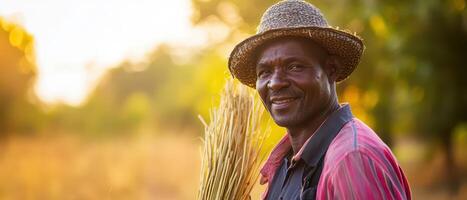 A man in a hat holding a bundle of grass photo