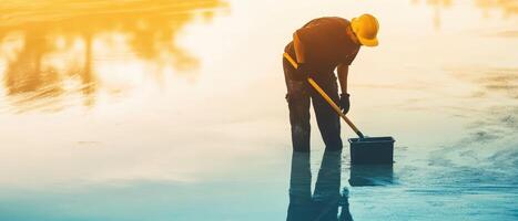 A person with a bucket and a shovel photo
