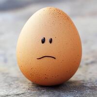 An egg with a sad face sitting on a table photo