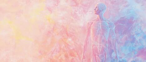 A digital image of a person standing in front of a colorful background photo