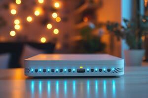 A small white router sitting on a table photo