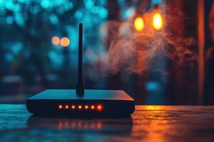 A wireless router sitting on a table with smoke coming out of it photo