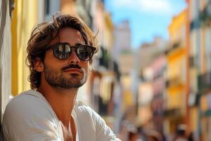 A man with sunglasses and a beard leaning against a wall photo