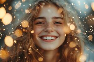 A woman with long hair smiling in front of a background of lights photo