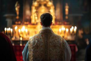 A priest standing in front of a church with candles photo