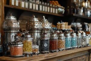 A bar with many jars of different types of food photo