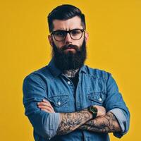 A bearded man with glasses and a beard standing in front of a yellow background photo