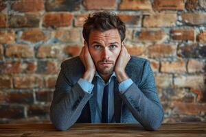 A man in a suit sitting at a table with his hands on his head photo