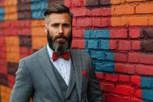 A man with a beard and bow tie standing in front of a colorful wall photo