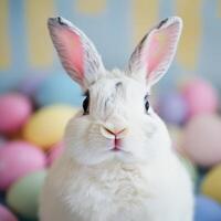 A white rabbit with pink ears is sitting in front of a bunch of colorful eggs photo