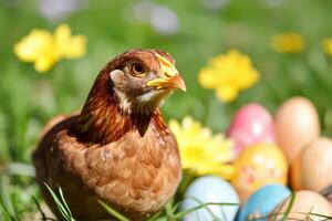 A chicken is standing in the grass with eggs photo