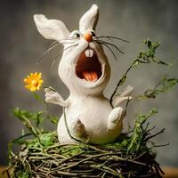 A white rabbit statue sitting in a nest with grass and flowers photo