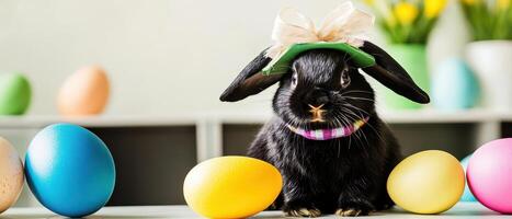 A black rabbit with a bow on its head is surrounded by colorful eggs photo
