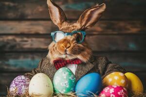 A rabbit wearing glasses and a bow tie is sitting in a nest with colorful eggs photo