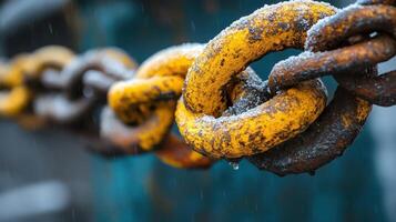 A rusty chain is shown in the rain photo
