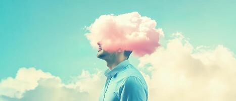 Man with a cloud for a head in a surreal landscape photo
