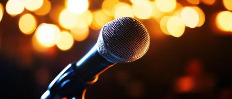 Microphone ready for performance at evening event photo
