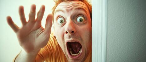 Man showing surprise while peeking around a corner photo