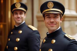 Doormen in uniforms stand at entrance photo