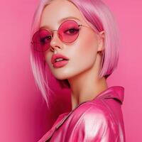 Chic model with pink hair in vibrant scene photo