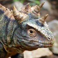 A close up of a lizard with horns on its head photo