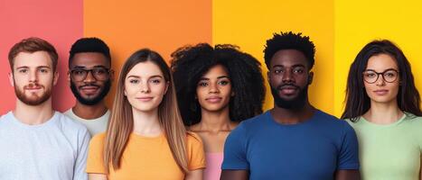 A group of people standing in front of a colorful background photo