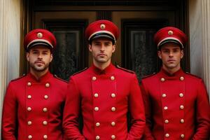Three men in red uniforms standing in front of a door photo