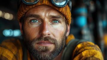 A man with a beard and goggles looks into the camera photo