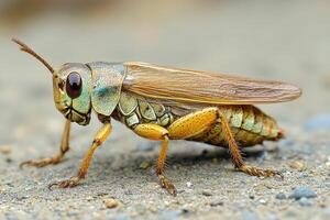 A grasshopper with a large head and long legs photo