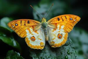 A butterfly with yellow and white wings is sitting on a leaf photo