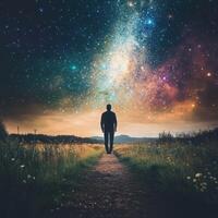 Man walking on a path in the night sky with stars photo