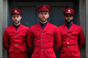 Three men in red suits standing in front of a door photo