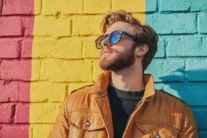 A man with sunglasses and a beard is standing in front of a colorful wall photo