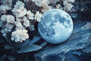A full moon is seen in the background with flowers photo