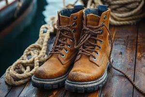 A pair of brown boots on a wooden dock photo