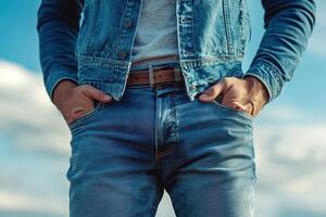 A man in jeans and a blue jacket photo