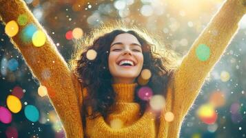 Joyful Woman Laughing Outdoors in Yellow Sweater with Bokeh Lights and Sunny Weather photo