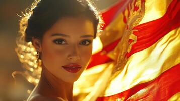 Portrait Shining Brightly, Woman with Flag Background, Radiant and Glowing photo
