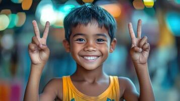 Happy Smiling Boy Giving Peace Sign with Hands Expressing Joy and Positive Attitude photo